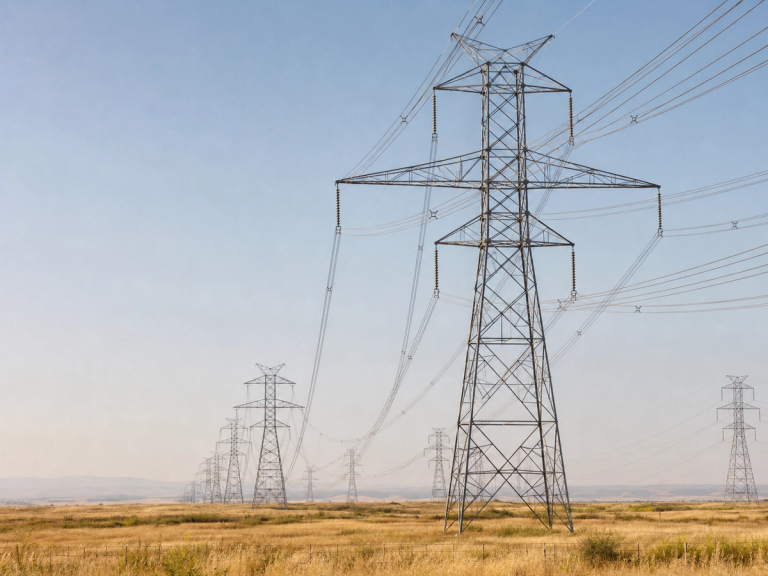 A row of tall metal electricity transmission towers carrying power lines across a dry golden grassland, receding into the hazy distance under a pale blue sky.