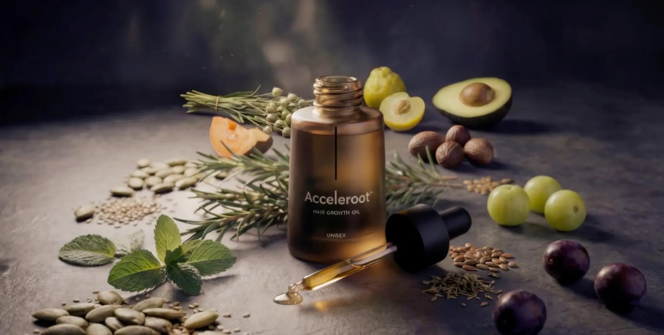 Acceleroot-flaske med pipette omgitt av frø, urter og frukt