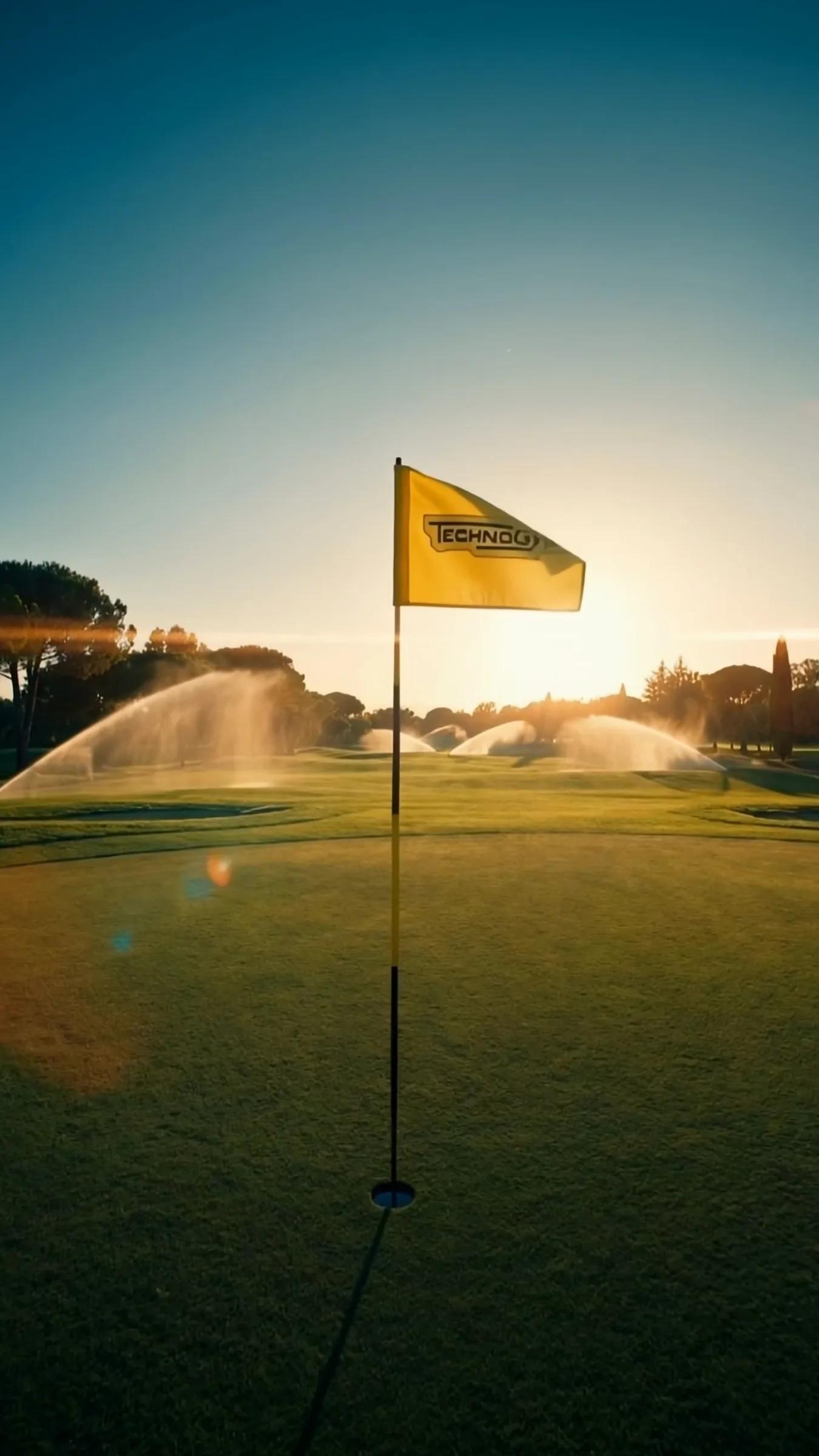 Gult Technogym-flagg på en golfbane med vanningsanlegg i solnedgang