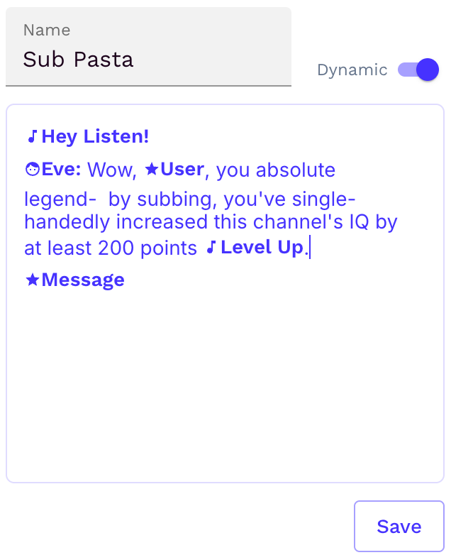 Example of a dynamic script with variables, sounds & a specific voice being used.
