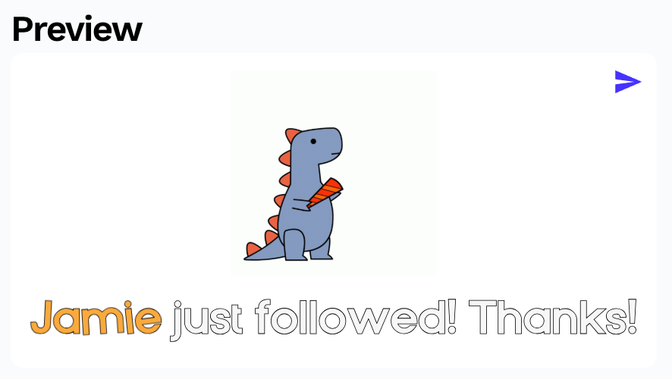 Example of Alert Preview panel with a follow alert thanking the stream viewer for following.