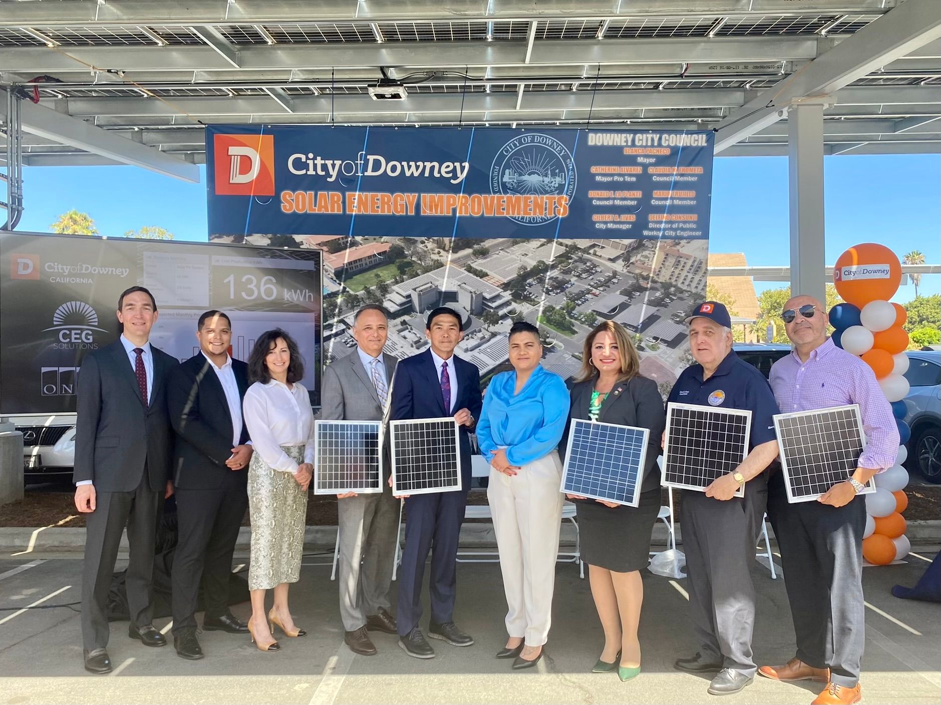 Onyx CEO Mary Beth Mandanas and City of Downey personnel at ribbon cutting event for solar energy project - Onyx Renewables