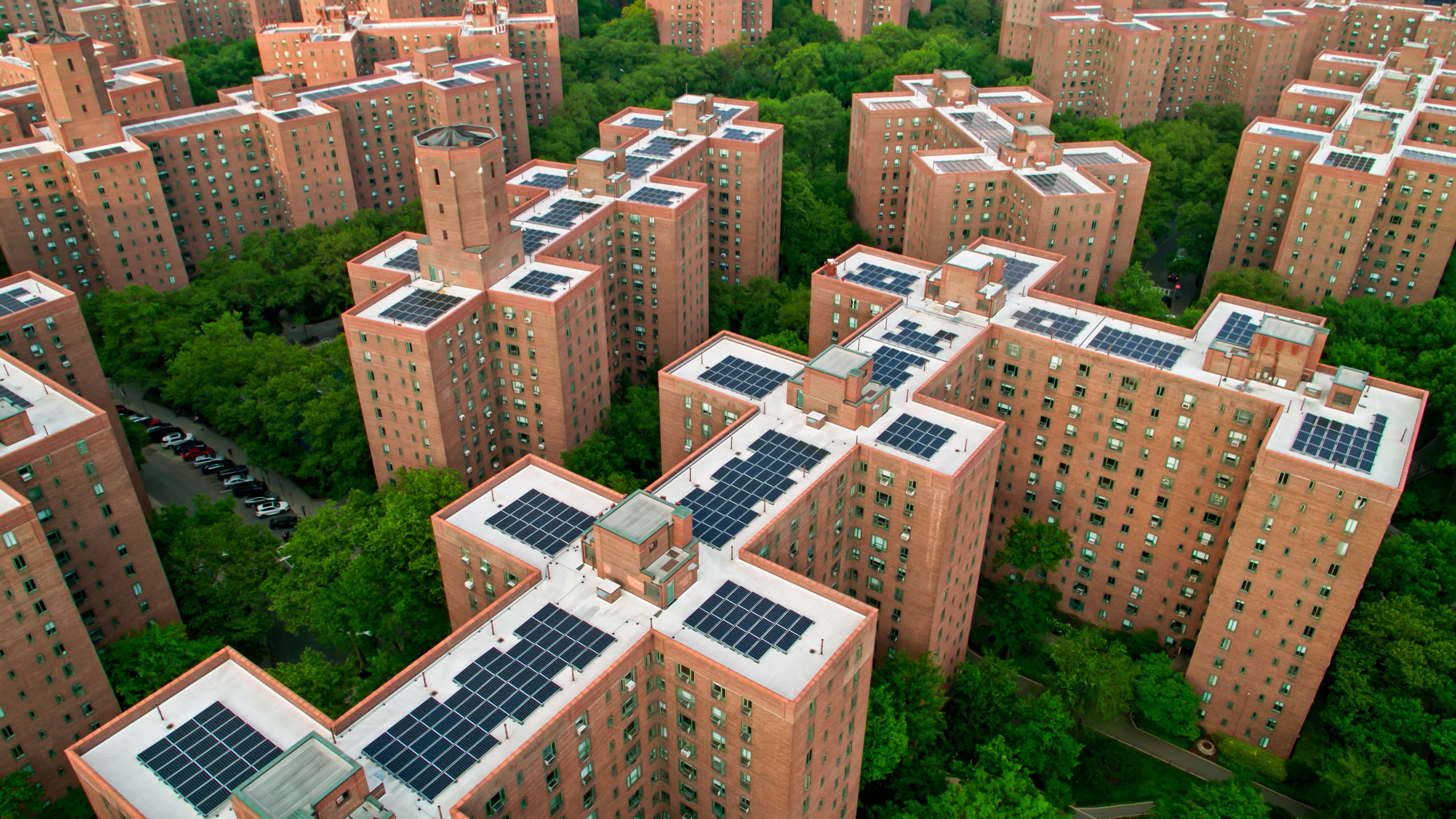 Aerial view of Stuytown with solar panels on the rooftops 