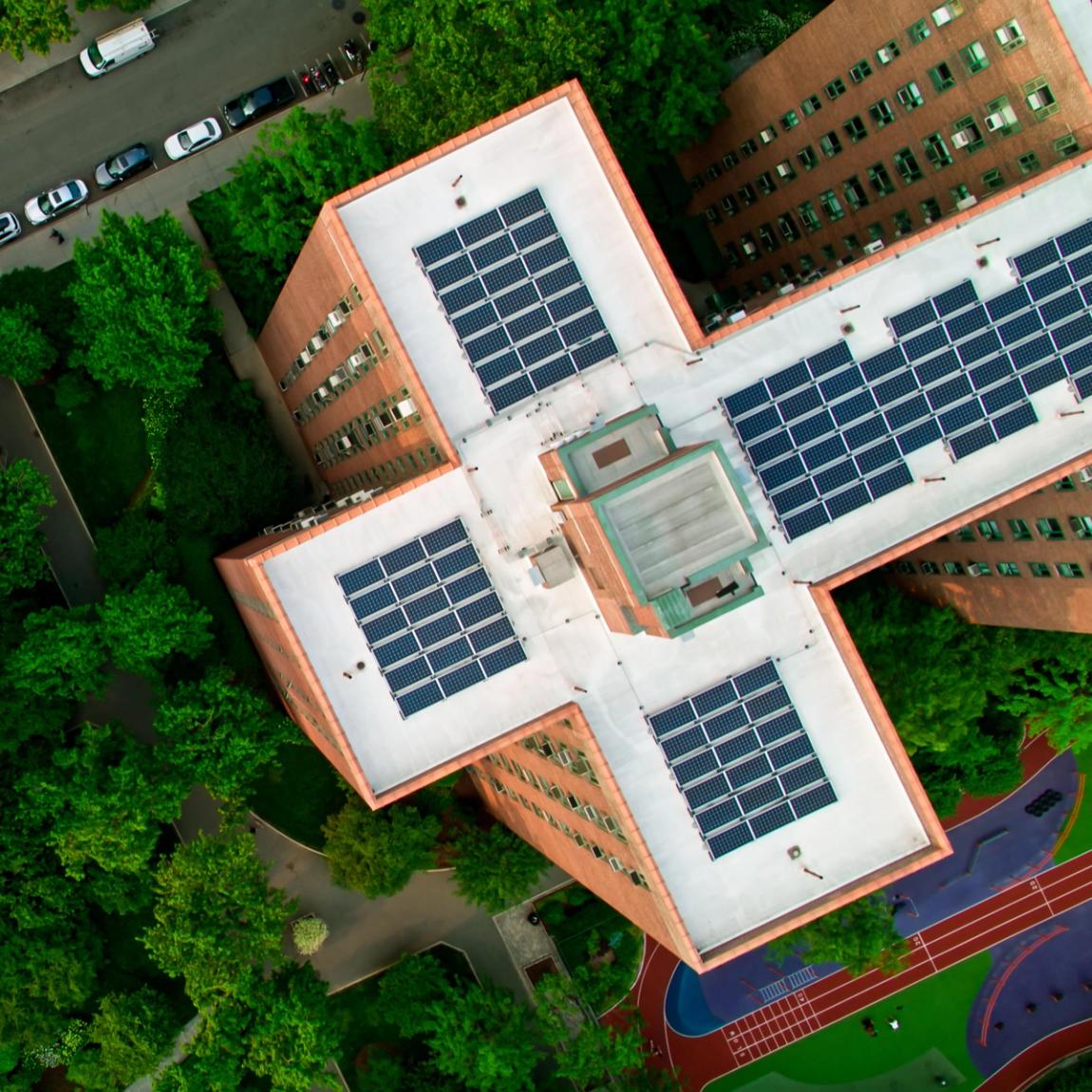Aerial shot of StuyTown rooftops with Solar panels