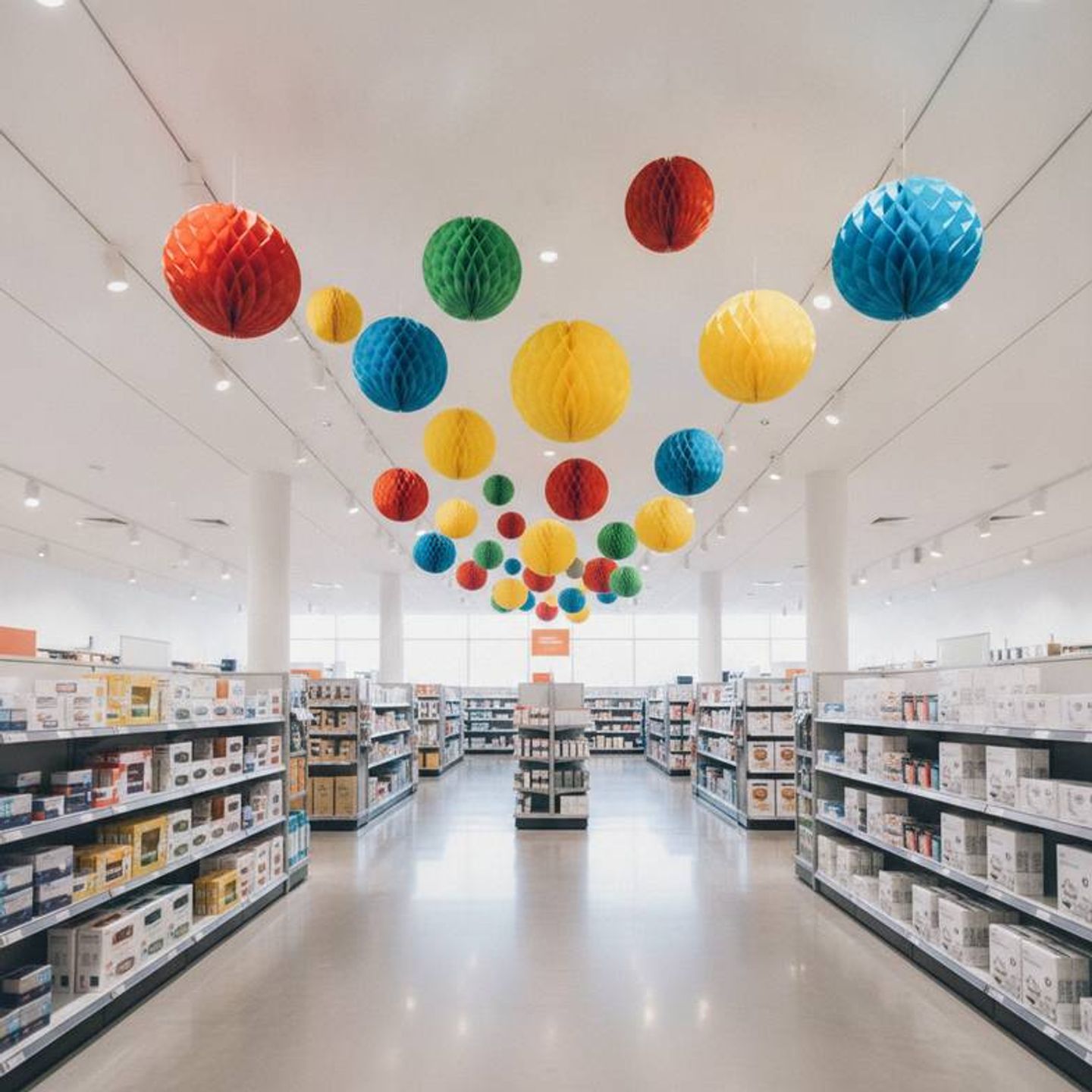 Hanging honeycomb paper decorations in a wide, busy retail store aisle.
