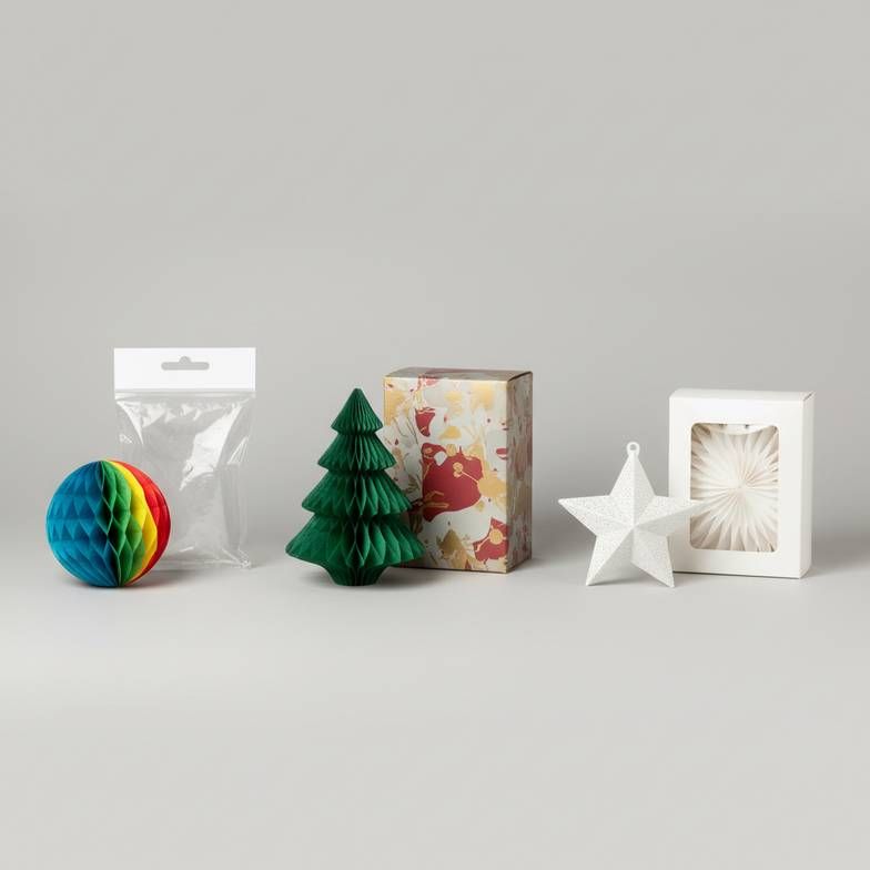 A collection of honeycomb paper decorations in different retail packaging options, including polybags, window boxes, and colorful printed boxes.