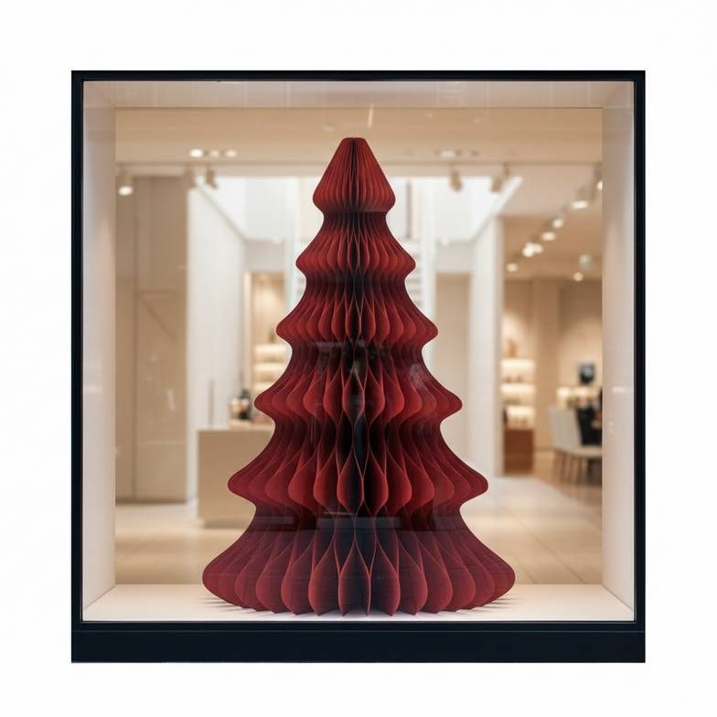 A large foldable paper Christmas tree in a bright store window display.