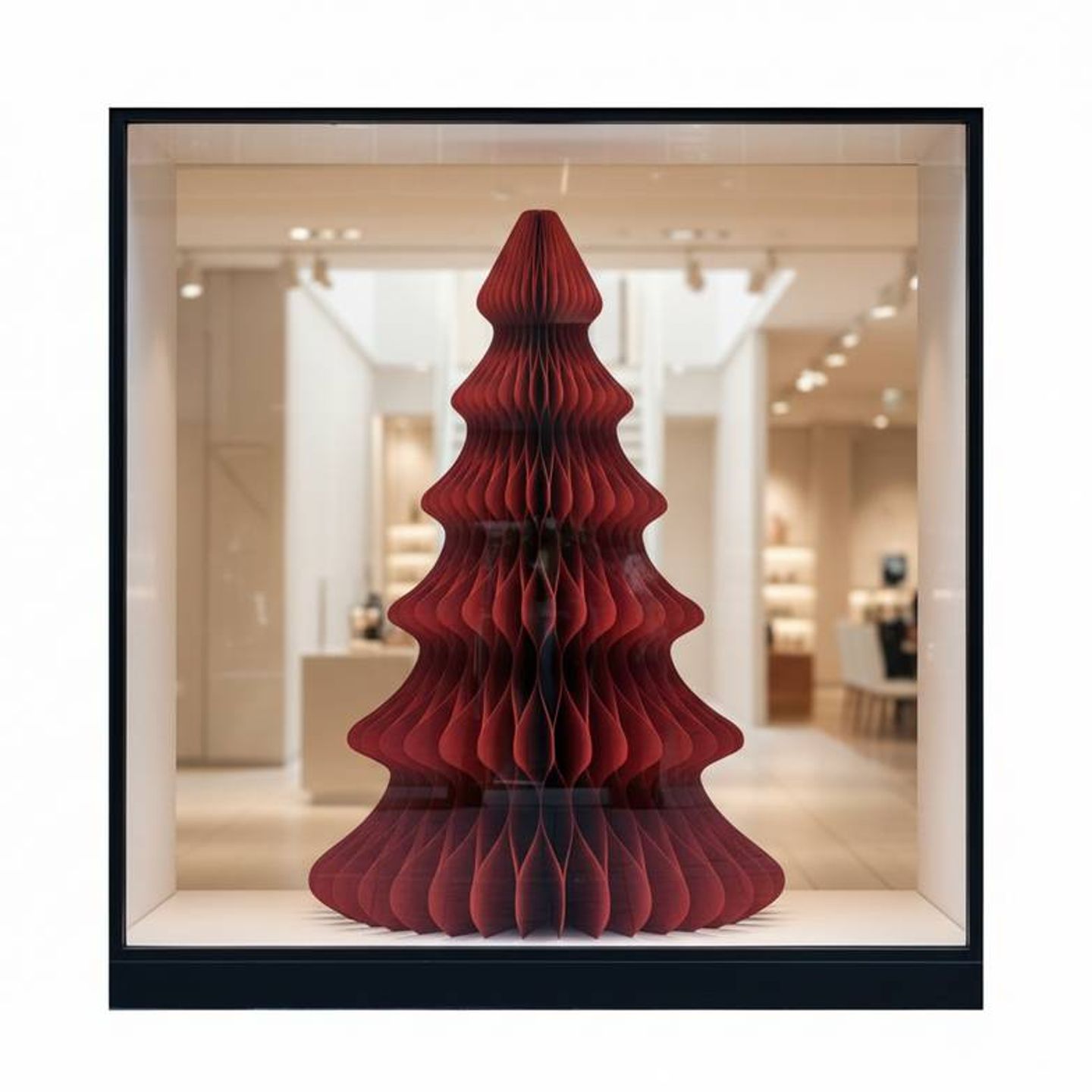 A large foldable paper Christmas tree in a bright store window display.