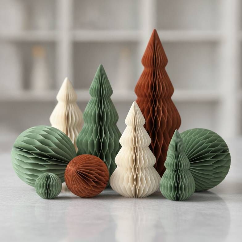 Tabletop honeycomb decorations in various sizes and colors for a retail display