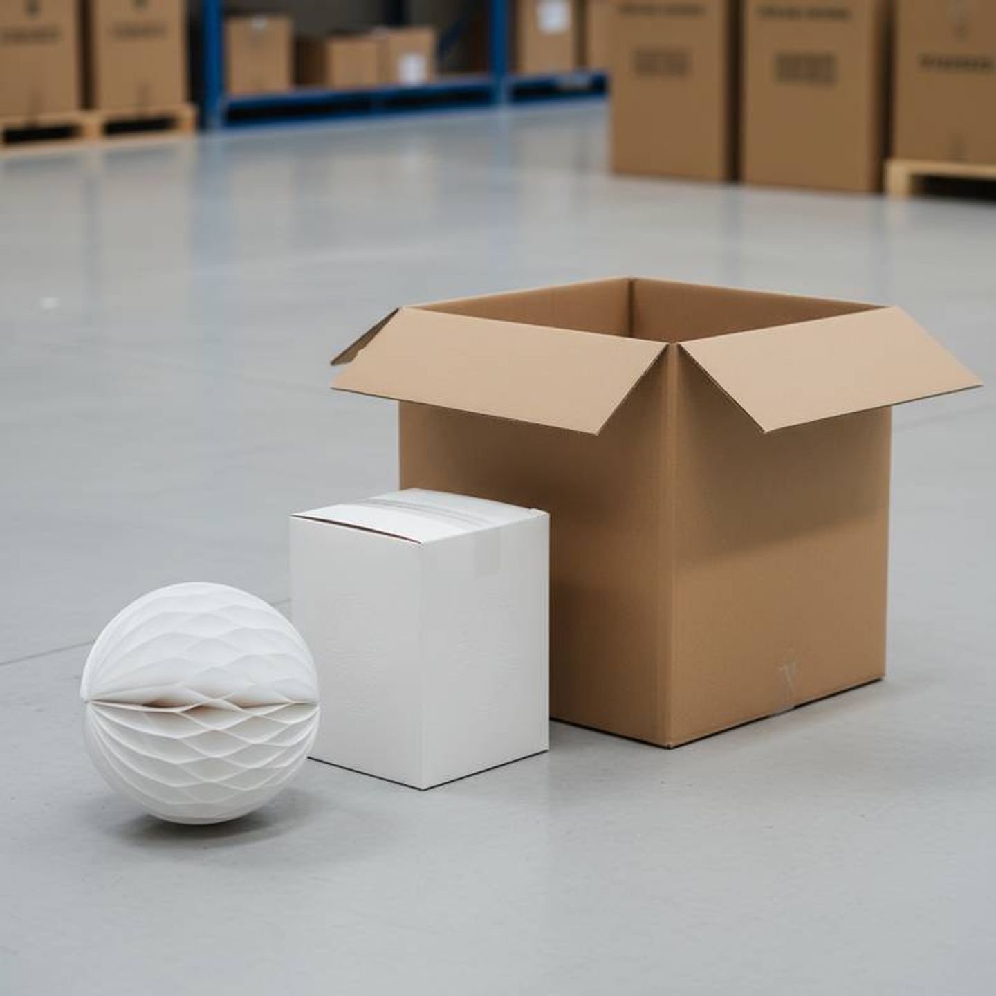 A well-packaged honeycomb paper decoration sample next to a sturdy master carton