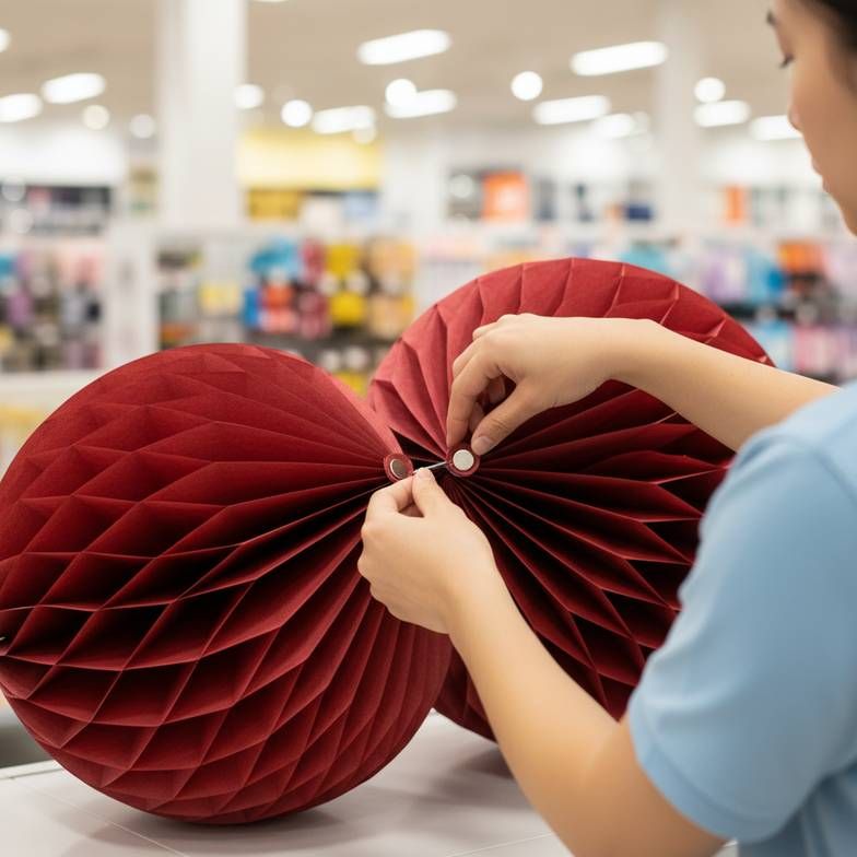 A retail employee easily hanging a foldable paper decoration in a store window, following simple visual instructions.