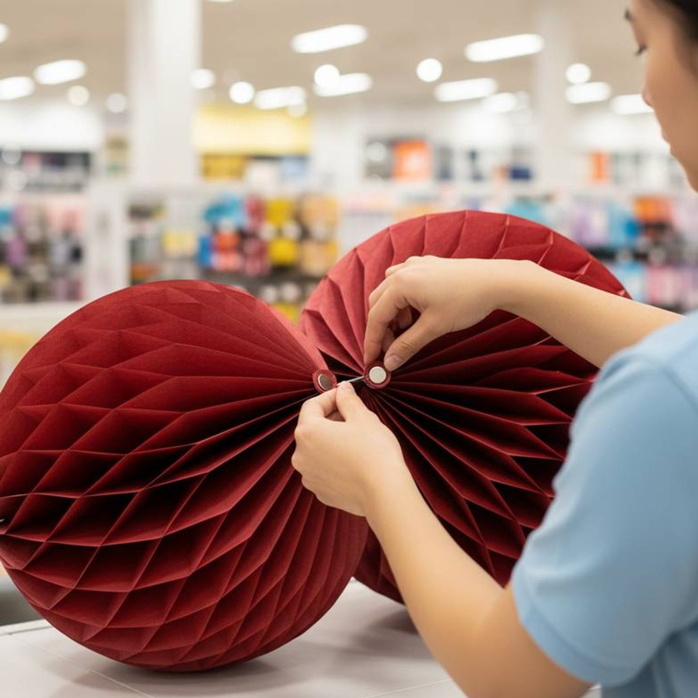 A retail employee easily hanging a foldable paper decoration in a store window, following simple visual instructions.