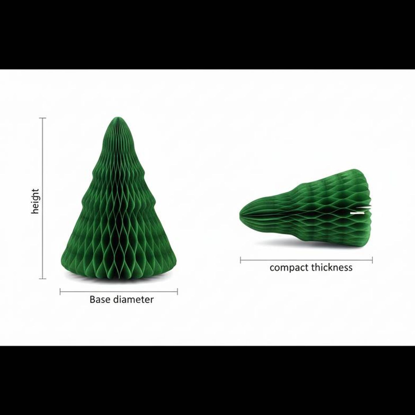 Diagram showing the height, base diameter, and folded dimensions of a foldable paper Christmas tree.