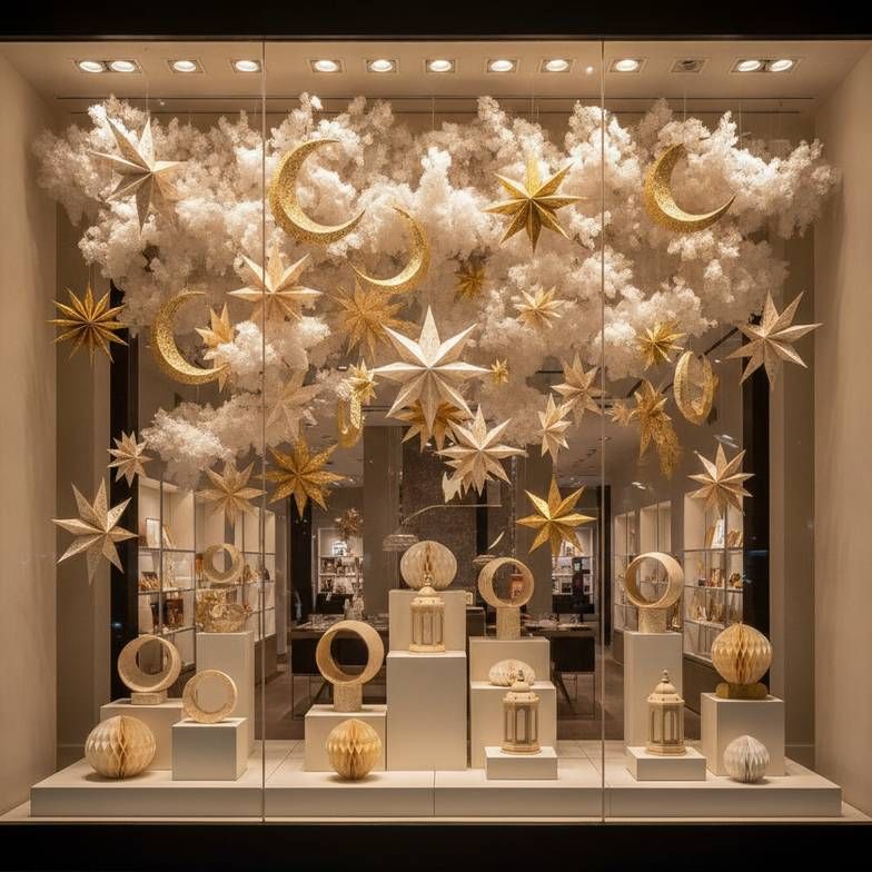 A large-scale retail store window display featuring a layered arrangement of Ramadan honeycomb decorations wholesale, including hanging stars and standing struc