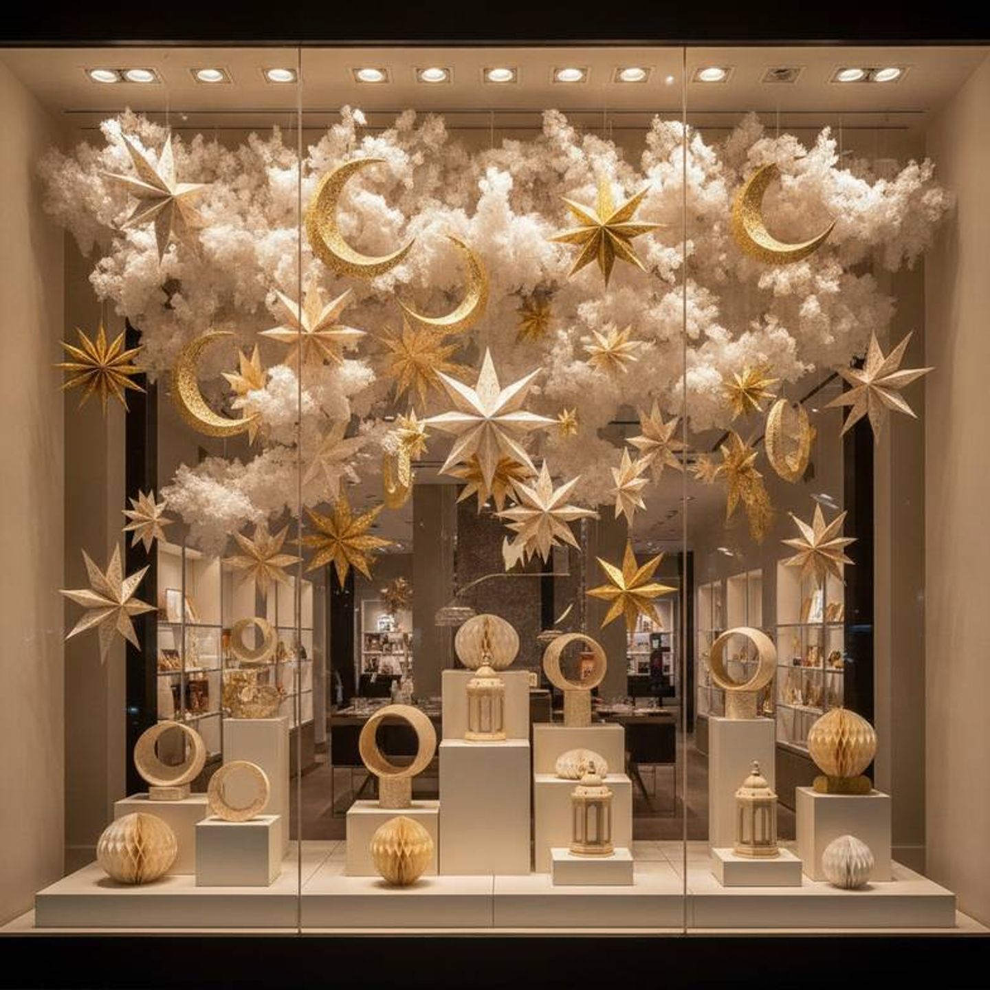 A large-scale retail store window display featuring a layered arrangement of Ramadan honeycomb decorations wholesale, including hanging stars and standing struc