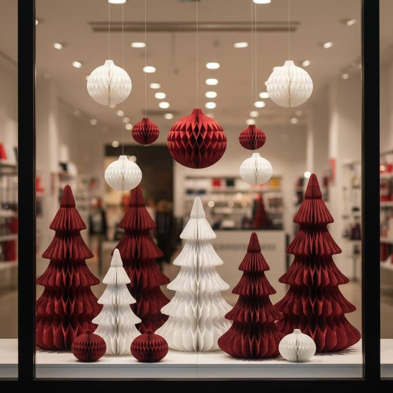 A well-planned multi-store seasonal display rollout featuring red and white foldable paper decorations in a retail setting.