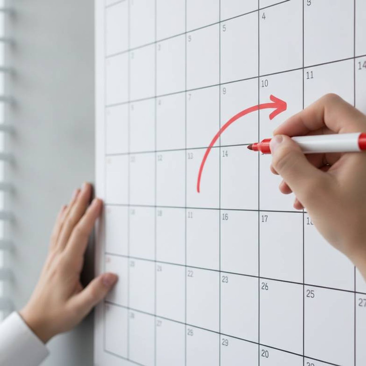 A person marking dates on a calendar, reverse-engineering a project plan for a Christmas decoration sourcing timeline.