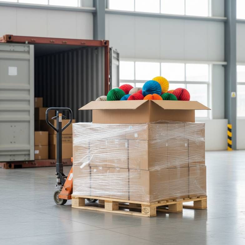 A shipping container being loaded with boxes of wholesale paper decorations.