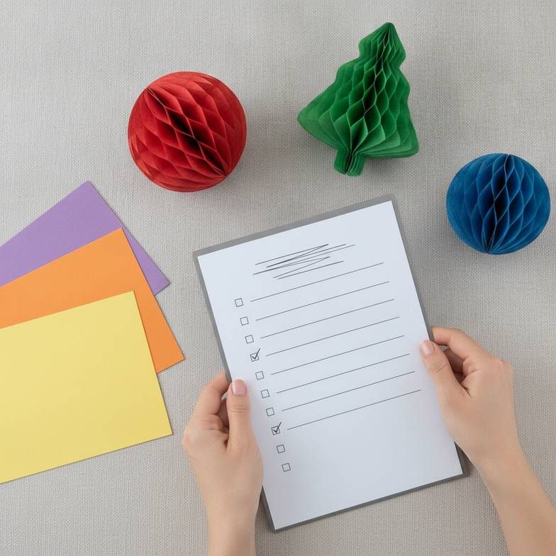 A honeycomb paper decoration quality checklist being reviewed next to colorful paper samples
