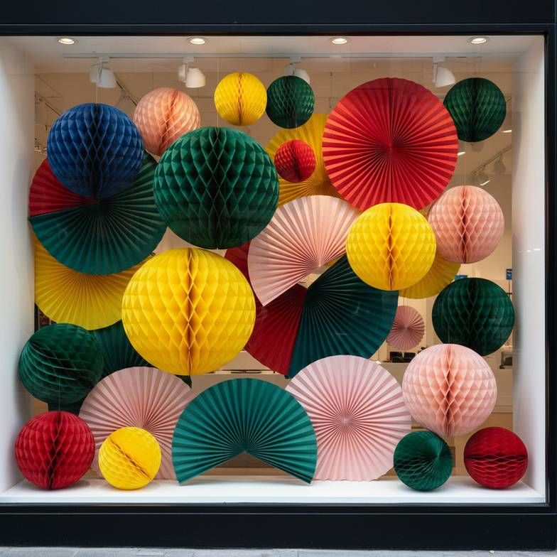 A collection of colorful custom honeycomb paper window displays hanging in a bright retail storefront.