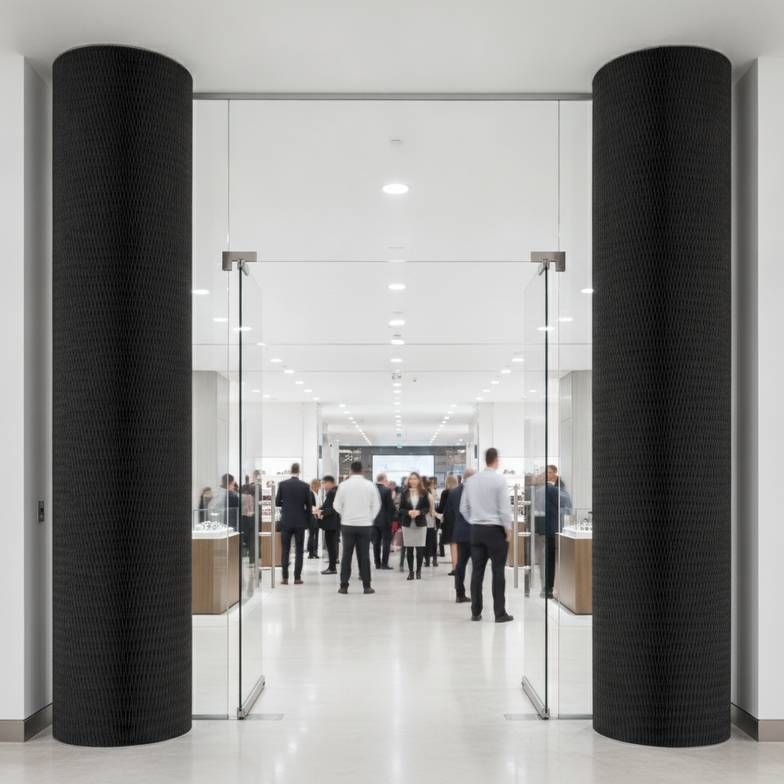 Durable honeycomb paper columns framing a busy store entrance, showing their stability.