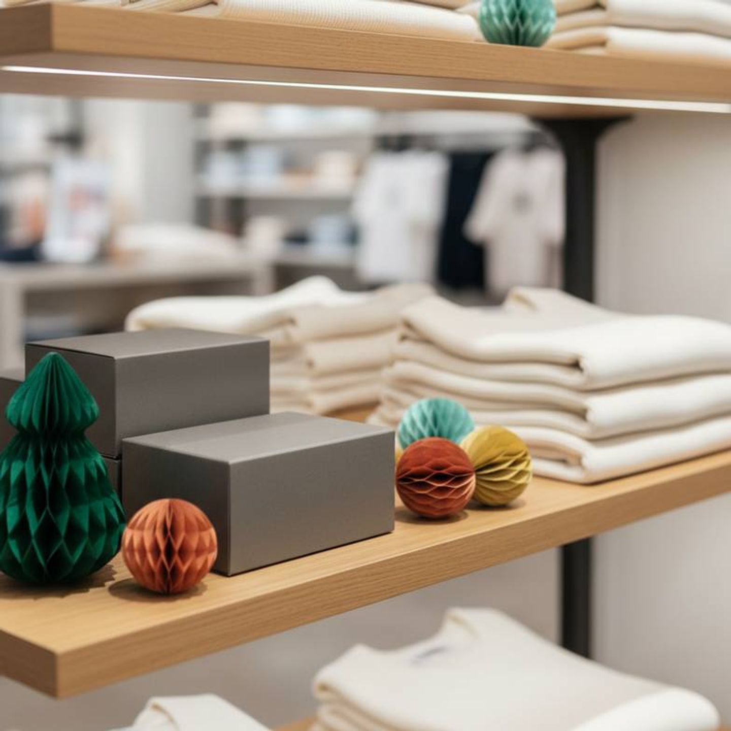 Small honeycomb paper decorations accenting products on a retail shelf.