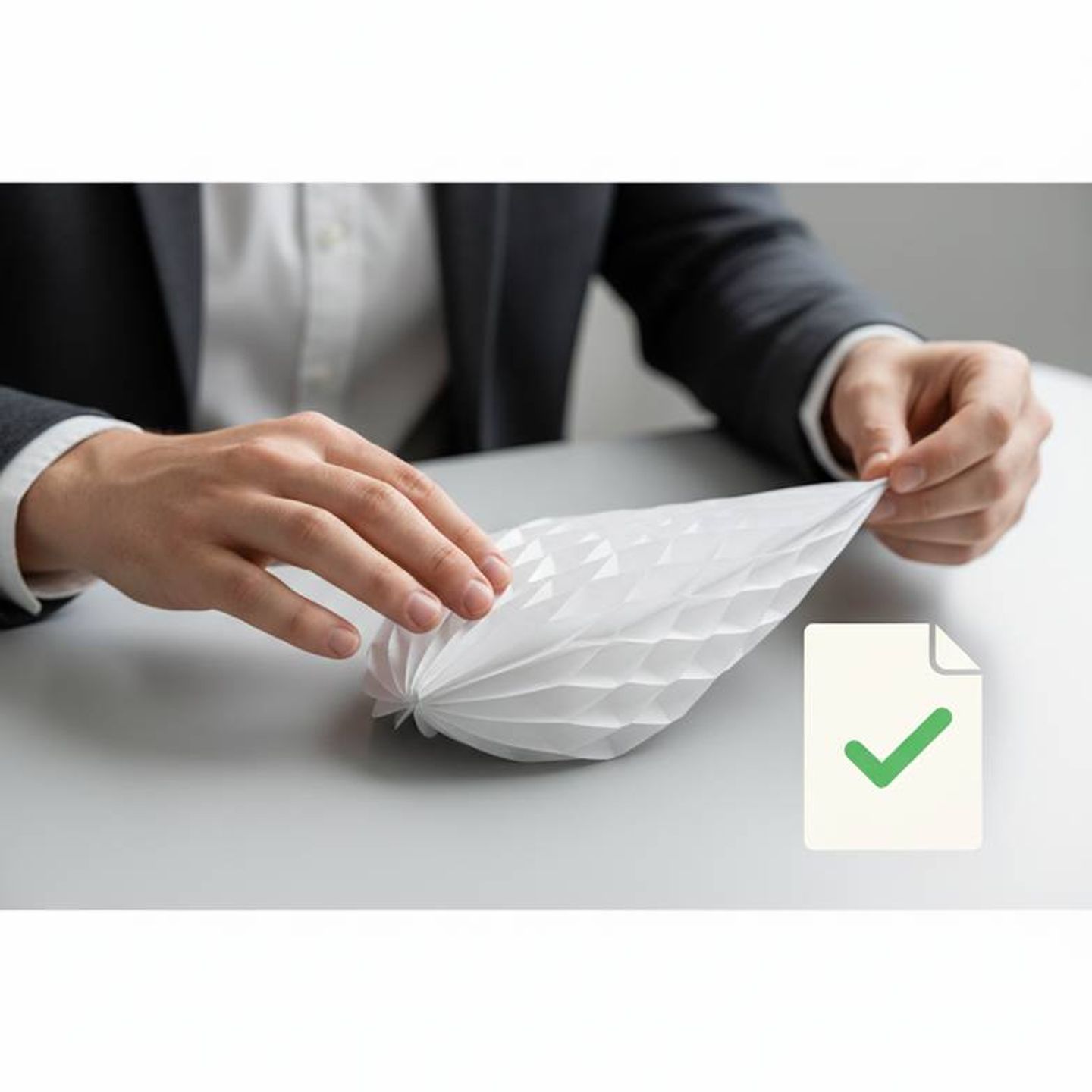 A procurement manager examining a paper certification document and a material sample from a supplier.