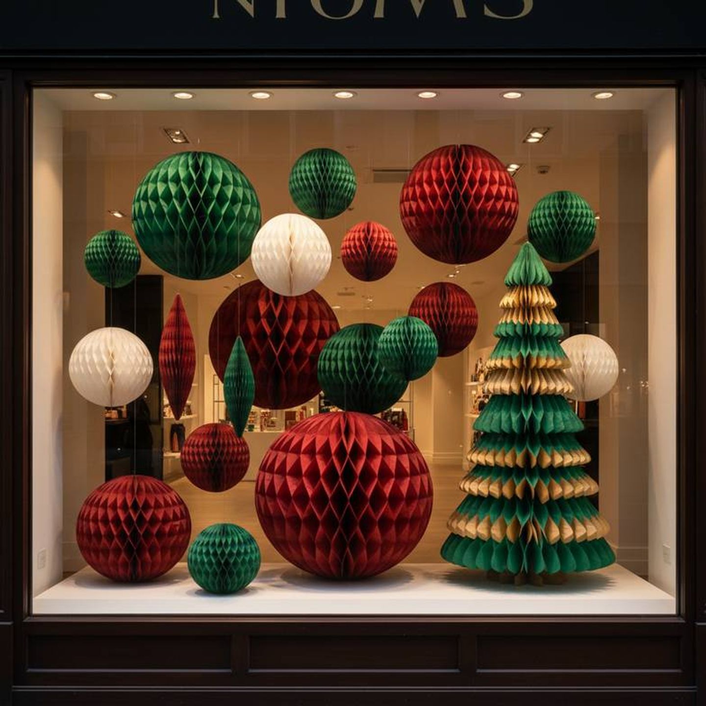 A vibrant retail window display featuring large honeycomb paper decorations for visual merchandising.