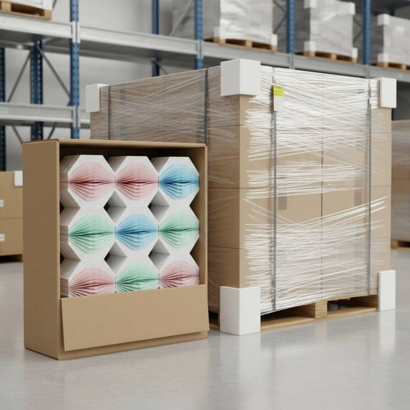 A neatly packed master carton of flat-pack seasonal decorations next to a stacked pallet.