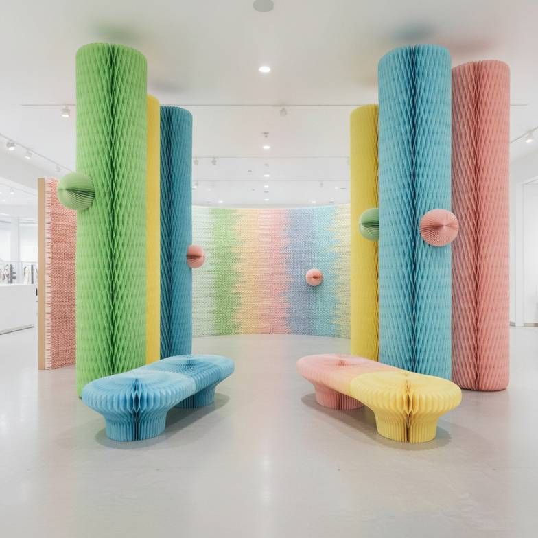 A large promotional zone in a department store filled with colorful, oversized honeycomb paper decorations and foldable benches.
