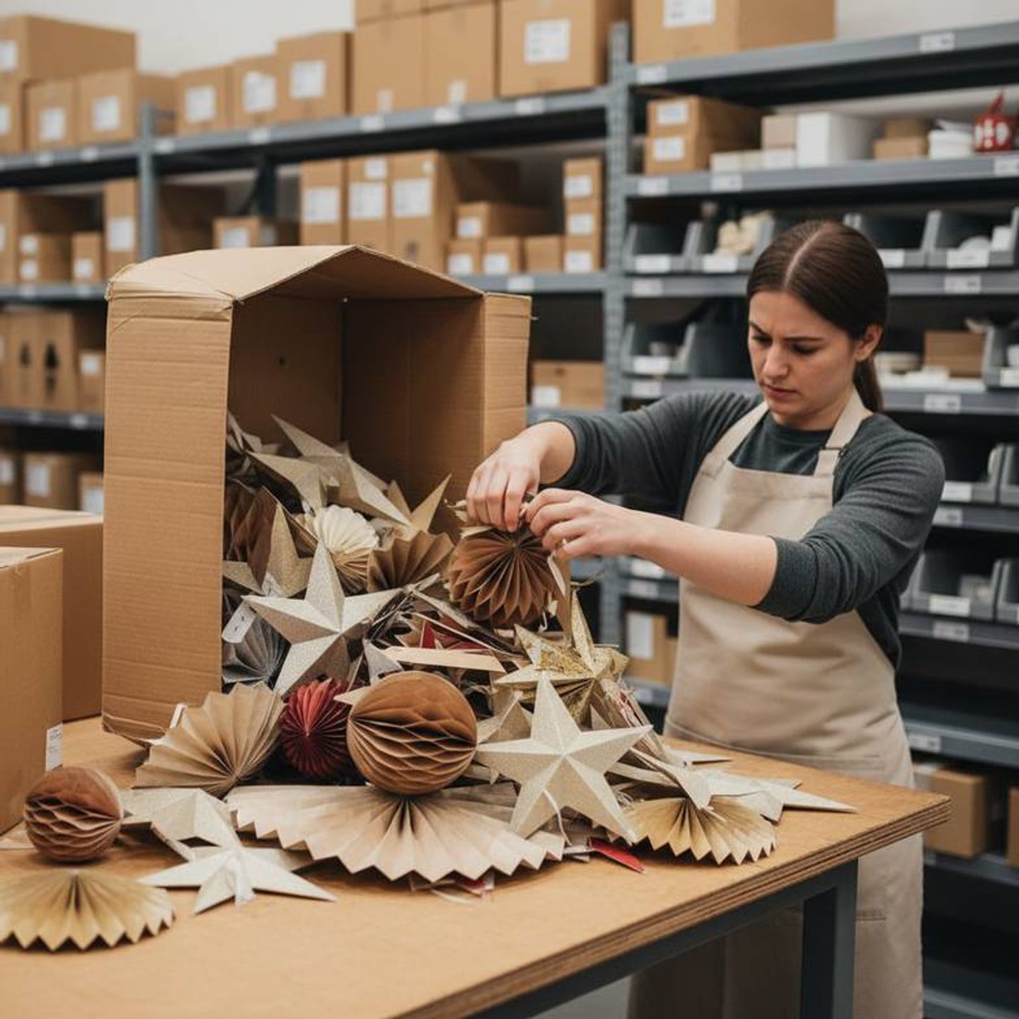 A retail worker looking stressed while unpacking a messy box of decorations in a stockroom.