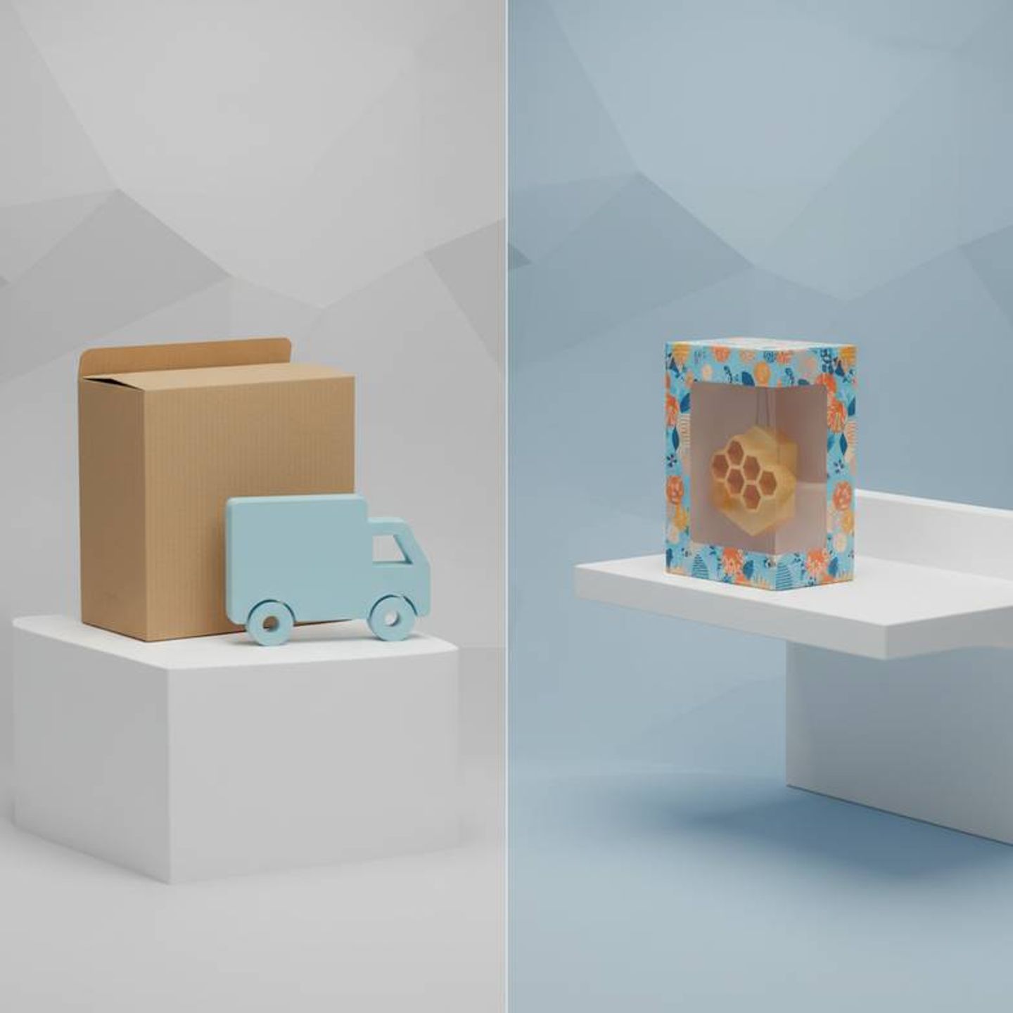 An illustration comparing an e-commerce package being delivered versus a product on a physical retail shelf.