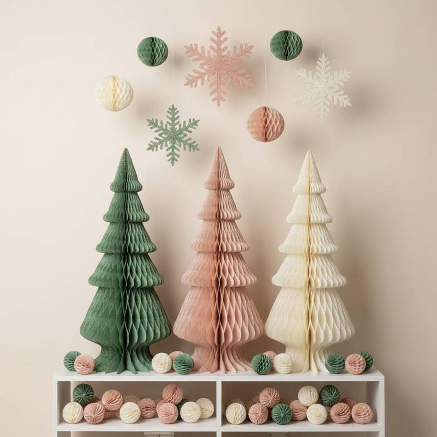 A coordinated display of Christmas honeycomb decorations wholesale in a retail setting