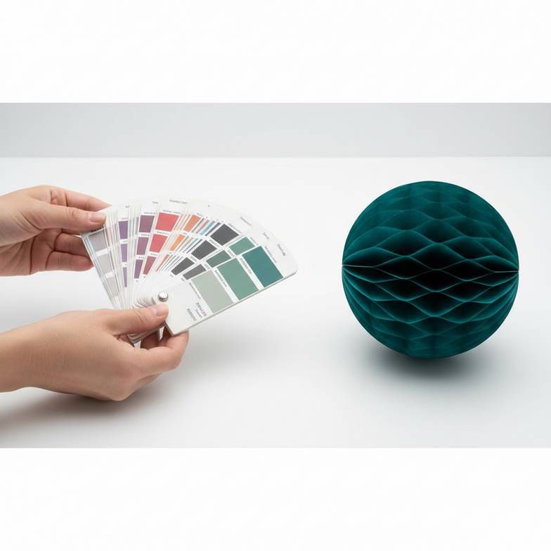 A person comparing a Pantone color swatch to a custom paper decoration