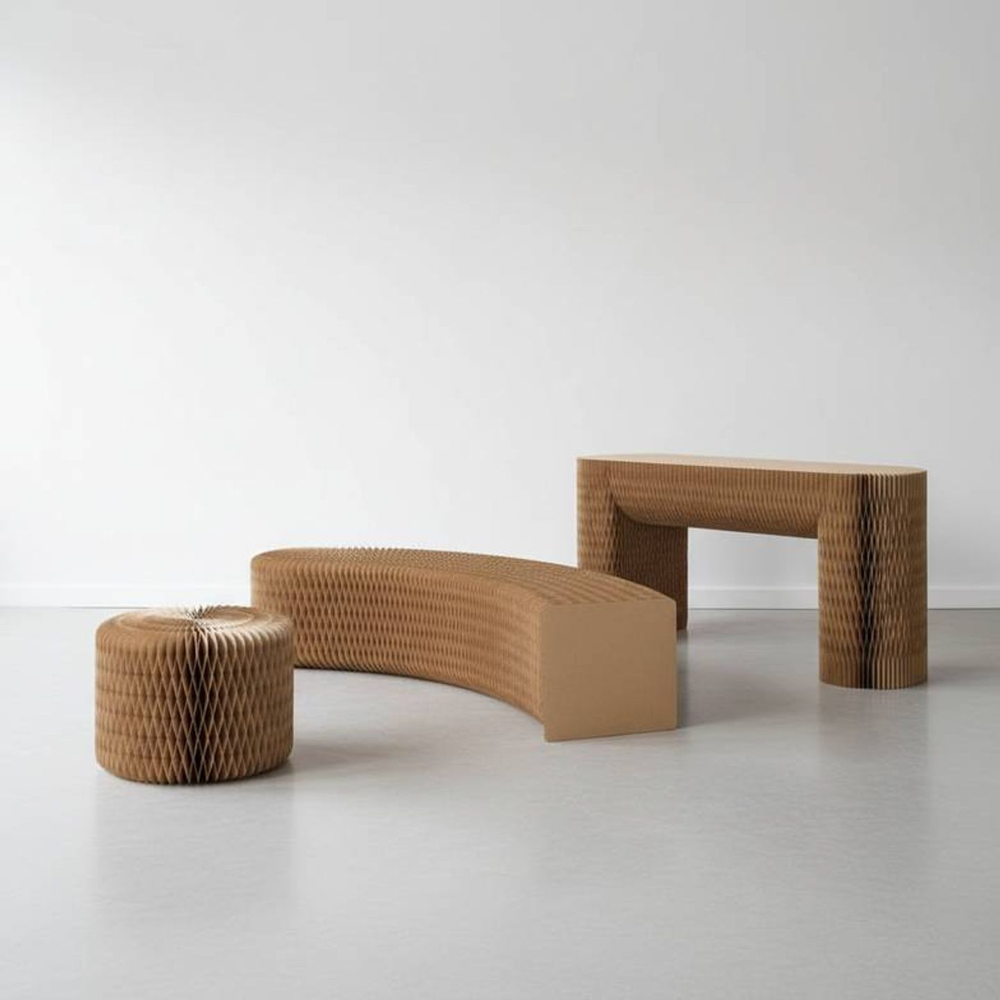 A collection of foldable honeycomb paper furniture including stools and benches in a modern retail setting.