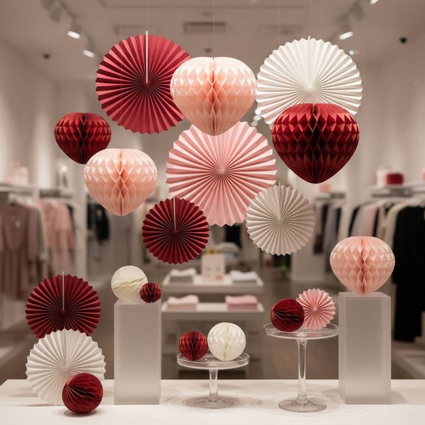 A coordinated retail display featuring various Valentine’s Day paper decorations for retail like honeycomb hearts and fans in shades of red and pink.