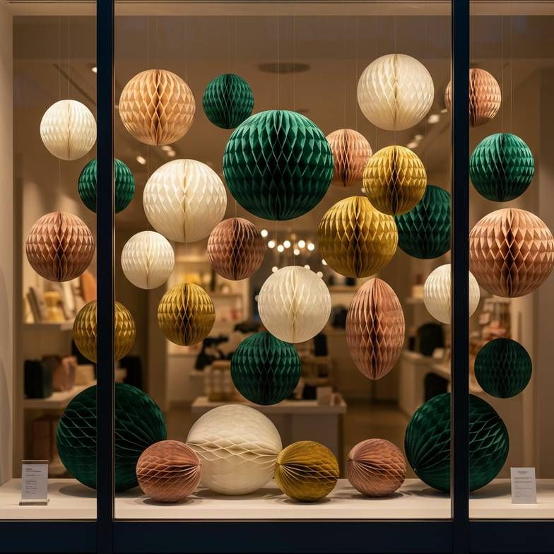 A large retail window display featuring reusable honeycomb paper decorations for a seasonal promotion