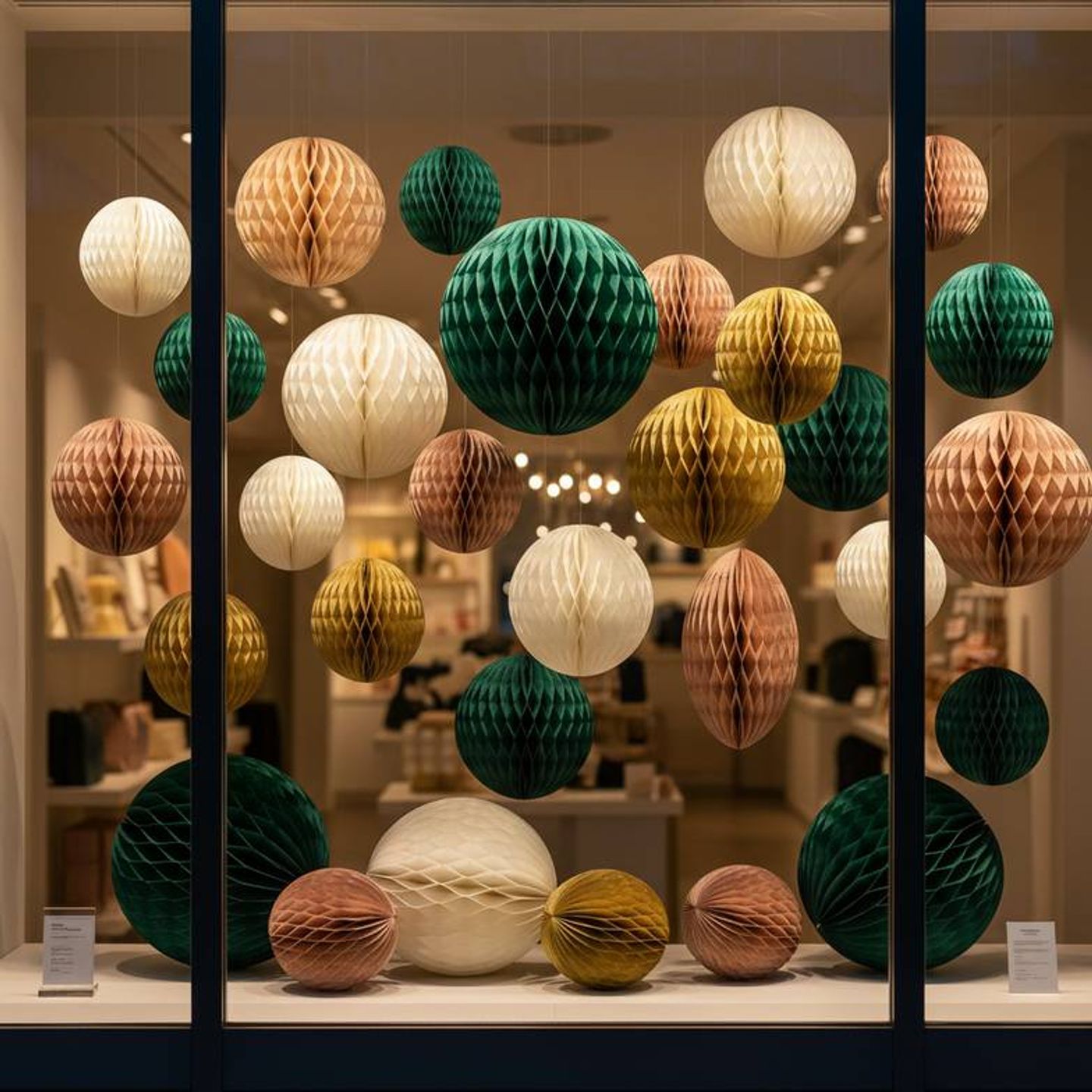 A large retail window display featuring reusable honeycomb paper decorations for a seasonal promotion