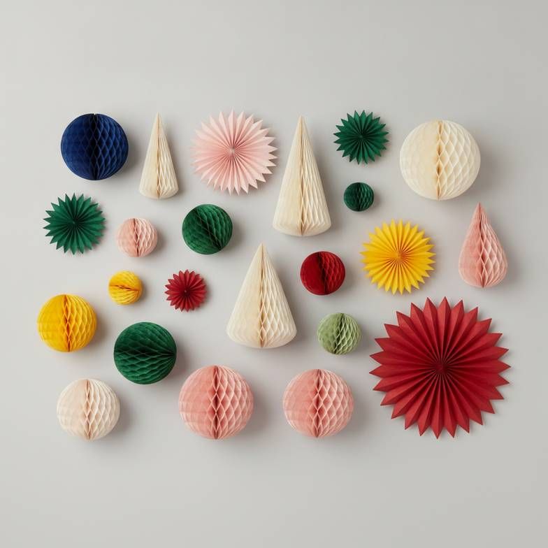 A colorful assortment of wholesale honeycomb paper decorations illustrating different shapes and colors.