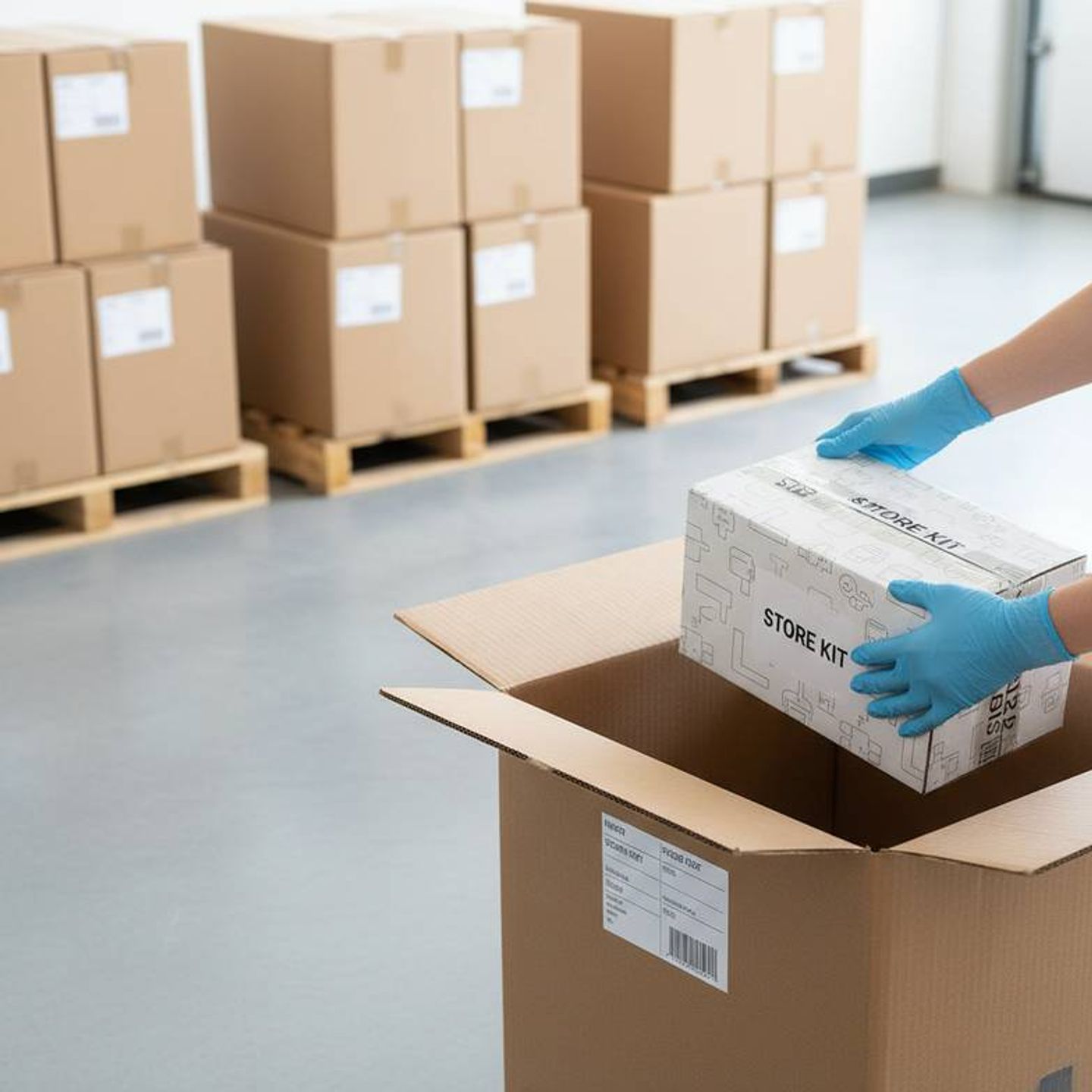 A factory worker carefully packing a custom-labeled master carton for a multi-store seasonal display rollout.