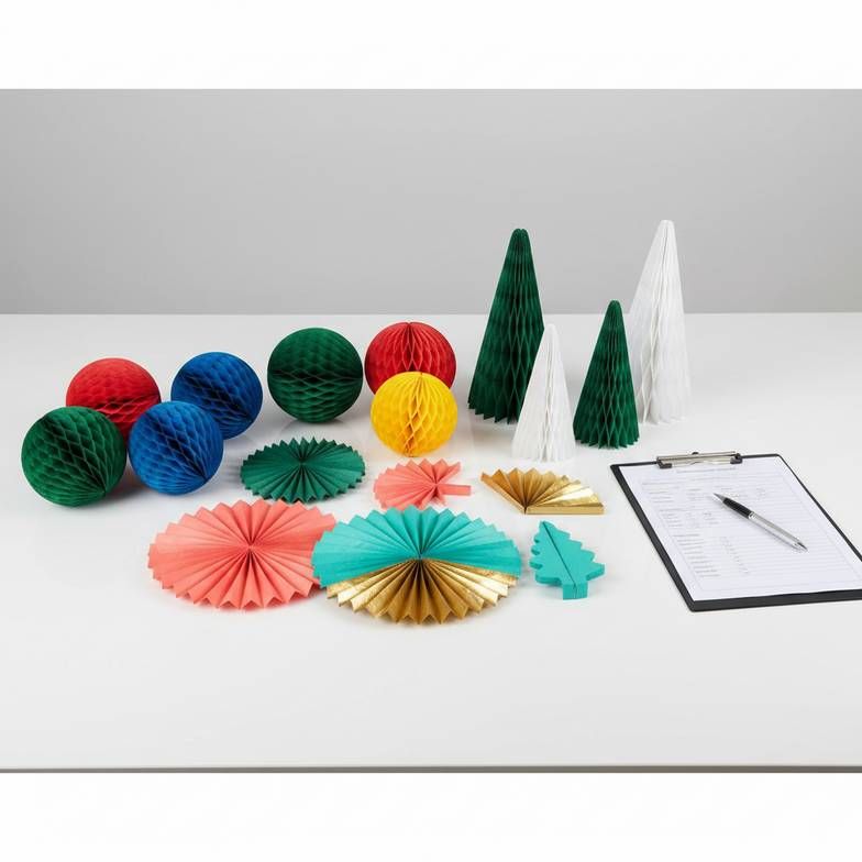 A collection of colorful honeycomb paper decoration samples on a workbench for inspection