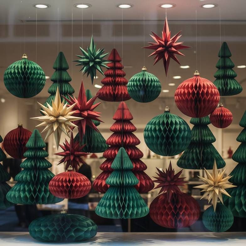 A colorful retail window display filled with large honeycomb paper ornaments and paper fans