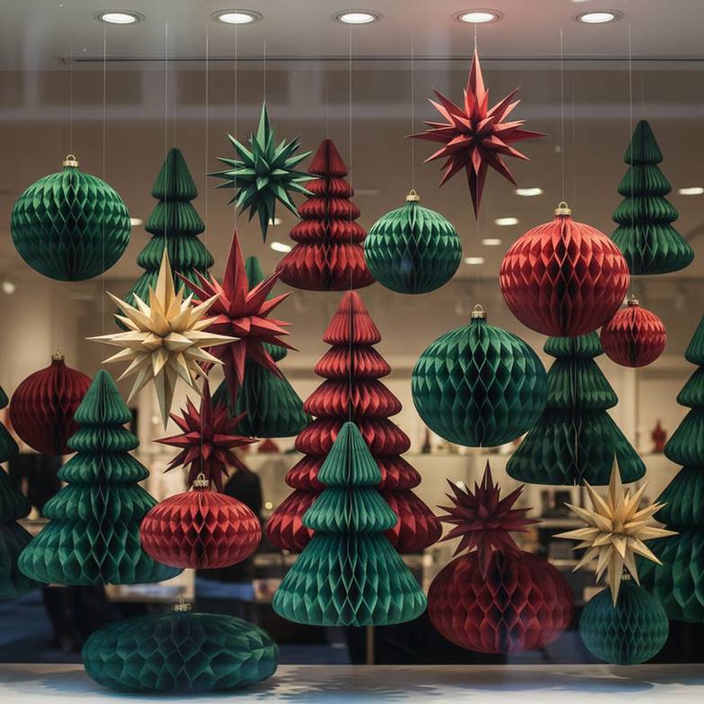 A colorful retail window display filled with large honeycomb paper ornaments and paper fans