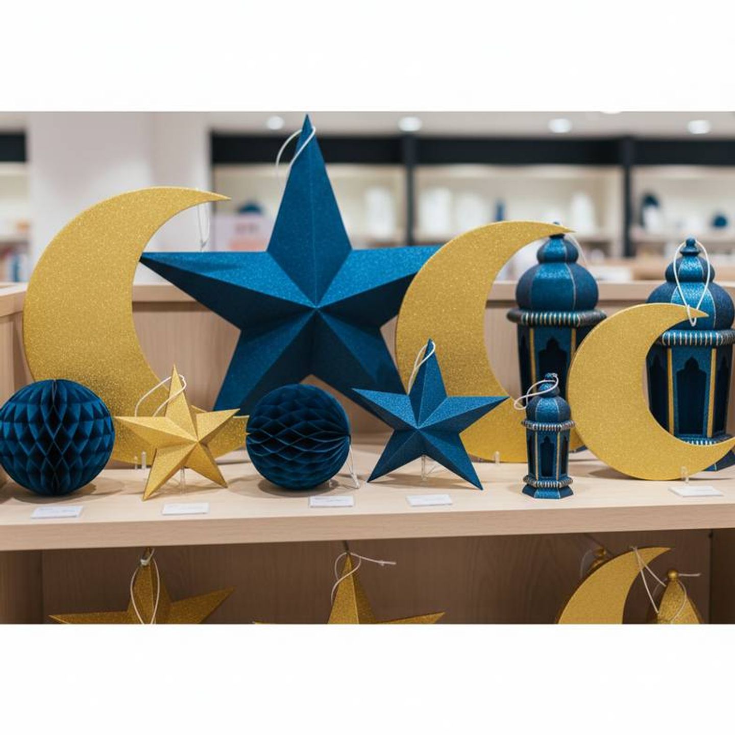 A cohesive collection of Ramadan honeycomb decorations wholesale displayed on a retail shelf, showing consistent color and style across different shapes like st