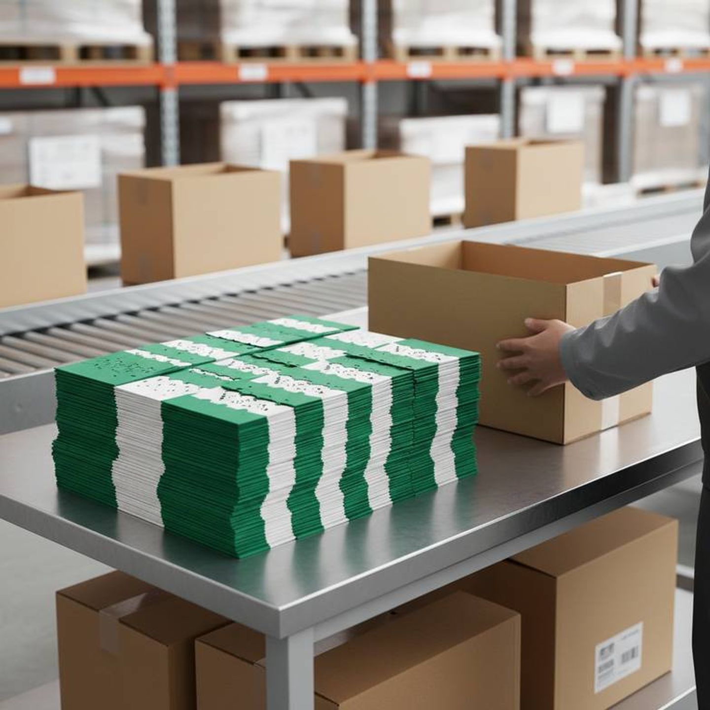 Cartons of folded paper decorations being prepared for shipping from a factory.