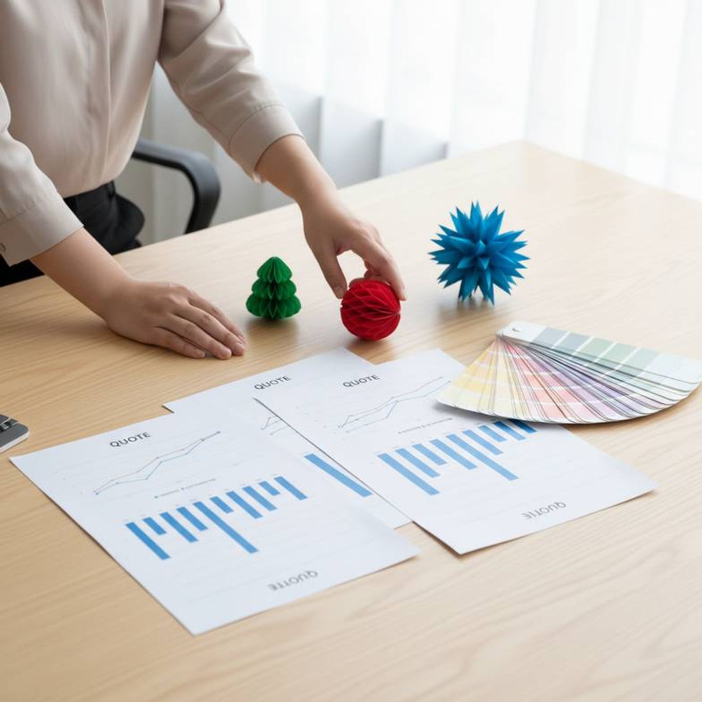 A stack of different quotes and paper samples for honeycomb decorations being compared on a desk