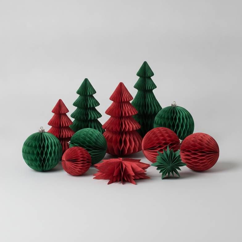 A display of seasonal paper decorations with consistent colors, demonstrating successful paper decoration color matching