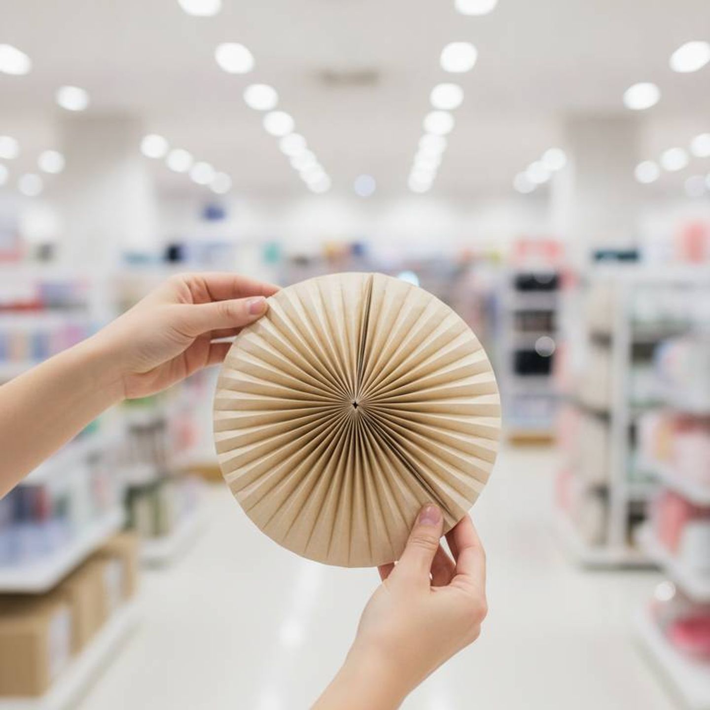 A retail employee easily assembling a large foldable honeycomb paper decoration in a store window.
