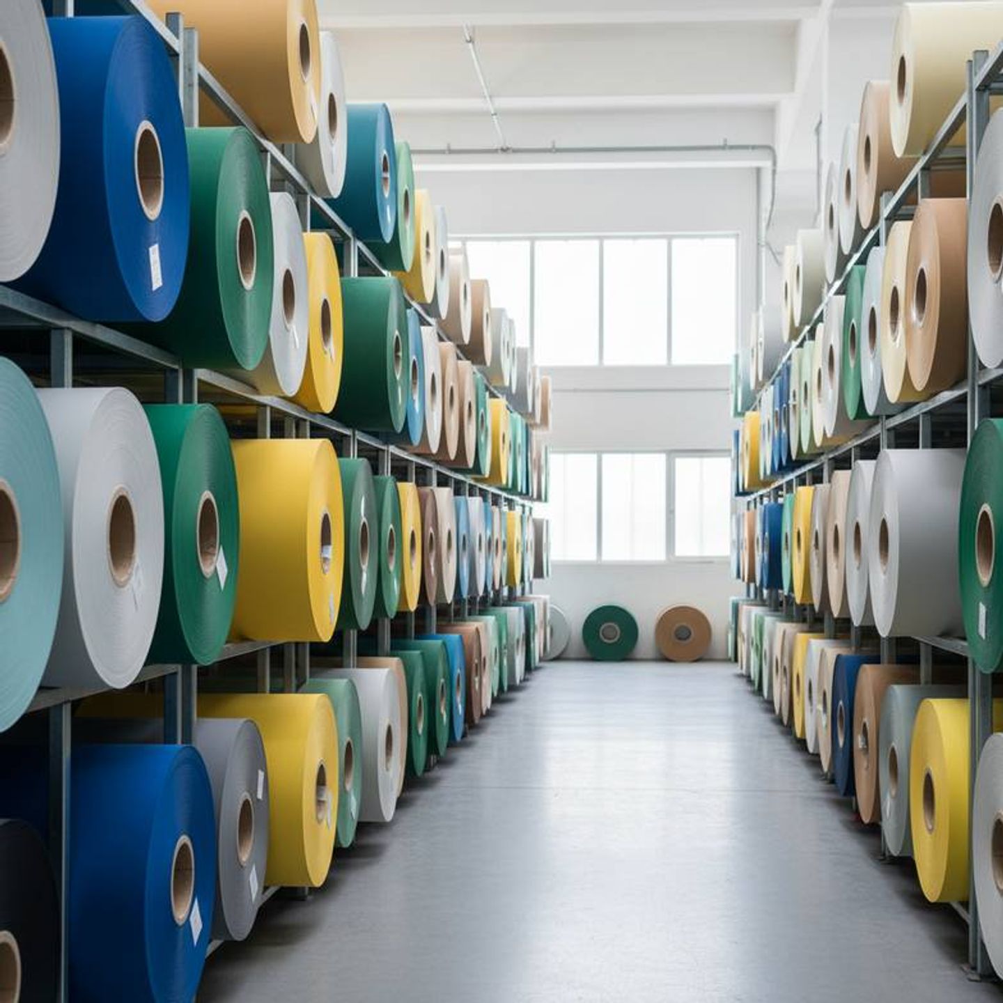 A factory floor with stacks of colored paper ready for producing honeycomb decorations.