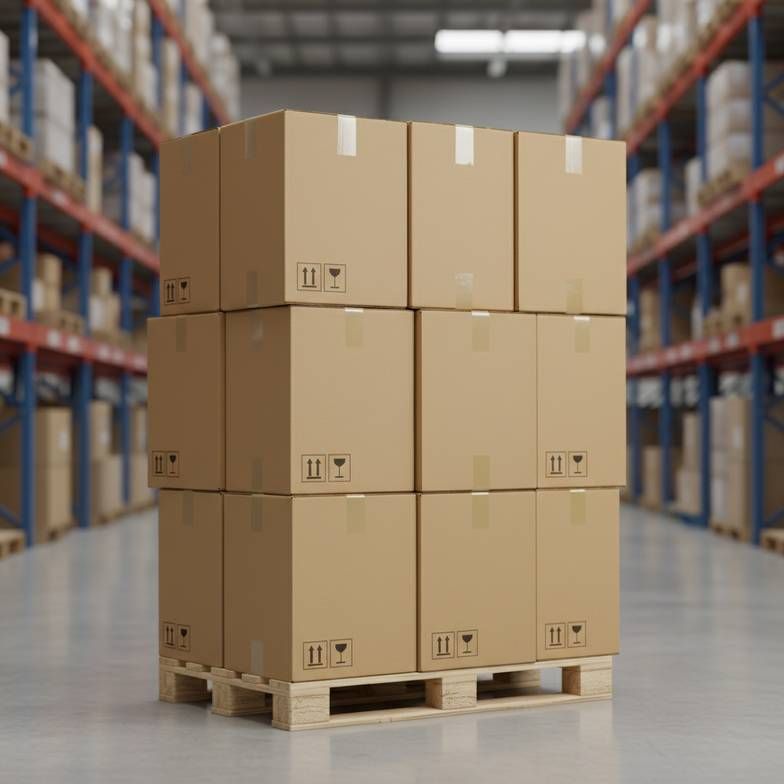 Packed master cartons of honeycomb paper decorations on pallets ready for international shipping.